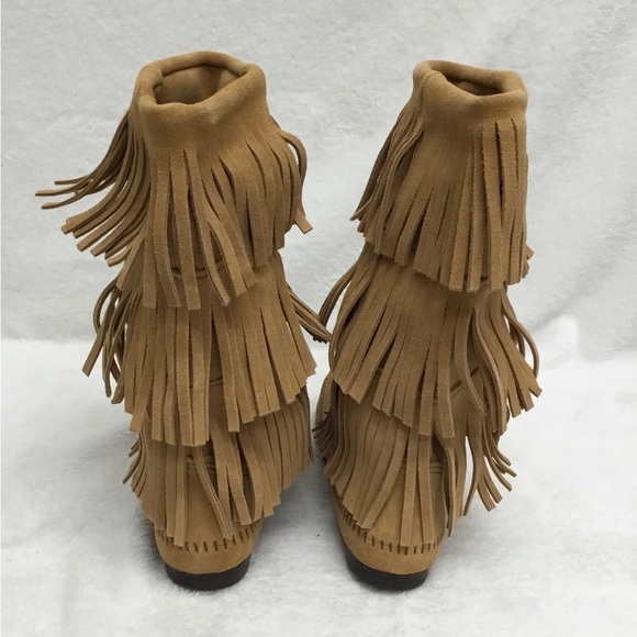 Minnetonka Brown Suede 3 Layer Fringe Boots Moccasins Boho  Sz 9 - Picture 6 of 8